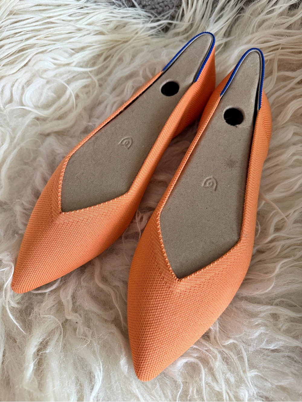 Rothy's Tangerine Orange Pointed-Toe Knit Flats with Blue Heel Trim Size 12